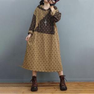 Relax-Fit Cotton Linen Hooded Dress Dotted and Plaid Dress