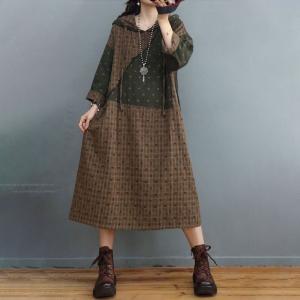 Relax-Fit Cotton Linen Hooded Dress Dotted and Plaid Dress