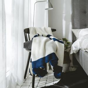 Chunky Blue Striped Blanket Knitting White Pom Pom Throw