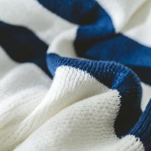 Chunky Blue Striped Blanket Knitting White Pom Pom Throw