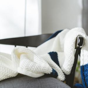 Chunky Blue Striped Blanket Knitting White Pom Pom Throw
