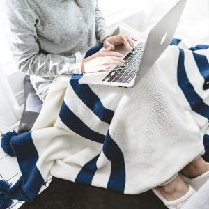 Chunky Blue Striped Blanket Knitting White Pom Pom Throw