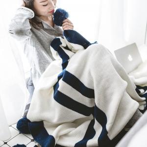 Chunky Blue Striped Blanket Knitting White Pom Pom Throw