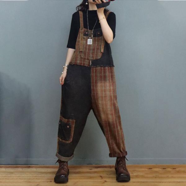 Vintage Denim Gingham Overalls Patchwork Carpenter for Women