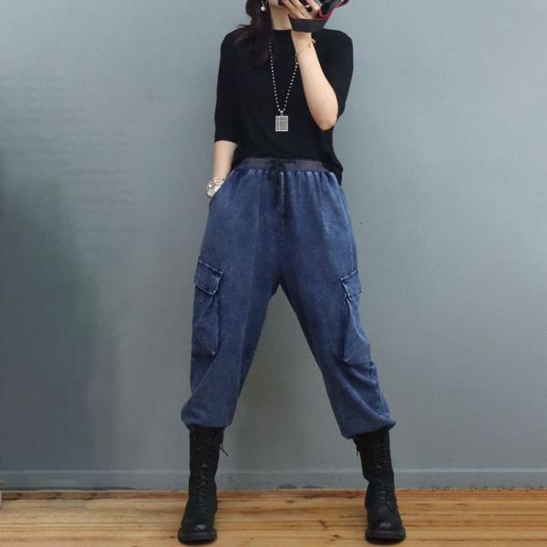 Side Flap Pockets Blue Tapered Pants Baggy Jodhpurs Jeans