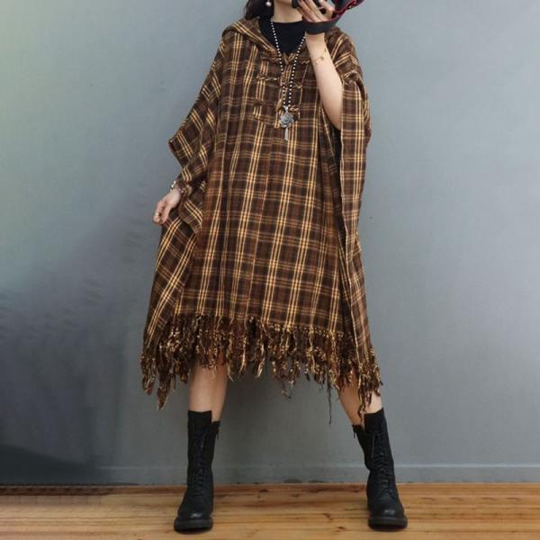 Chinese Buttons Hooded Caftan Classic Checkered Tassel Dress