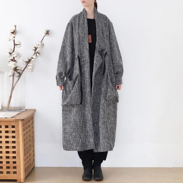 Chunky Linen Belted Coat Plus Size Chinese Plain Coat in Gray One Size ...