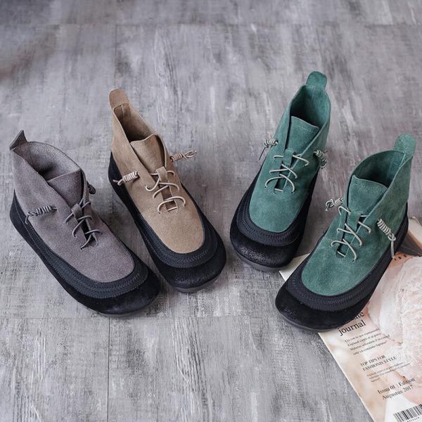 Bi-Colored Low Heels Boots Cowhide Leather Casual Shoes