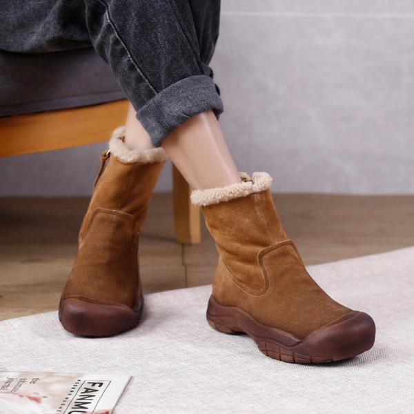 Vintage Style Woolen Mid-Calf Boots Chunky Heels Leather Snow Boots