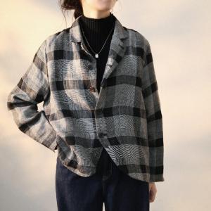 Business Casual Plaid Blazer Loose Oversized Cotton Linen Blazer