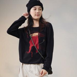 Cartoon Hedgehog Embroidery Sweatshirt Combed Cotton Black Pullover