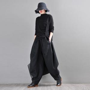 Elastic Waist Cozy Linen Pants Womens Black Fisherman Pants