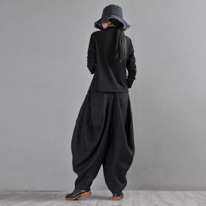 Elastic Waist Cozy Linen Pants Womens Black Fisherman Pants