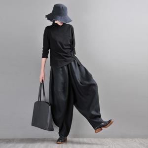 Elastic Waist Cozy Linen Pants Womens Black Fisherman Pants