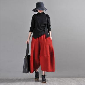 Cotton Blend Winter Red Pants Wide Leg Tweed Pants for Women