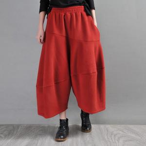 Cotton Blend Winter Red Pants Wide Leg Tweed Pants for Women