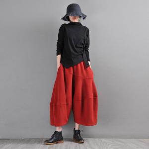 Cotton Blend Winter Red Pants Wide Leg Tweed Pants for Women