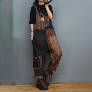 Vintage Denim Gingham Overalls Patchwork Carpenter for Women