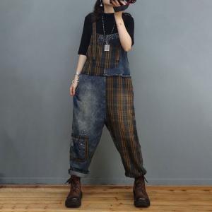 Vintage Denim Gingham Overalls Patchwork Carpenter for Women