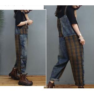 Vintage Denim Gingham Overalls Patchwork Carpenter for Women