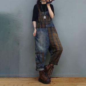 Vintage Denim Gingham Overalls Patchwork Carpenter for Women