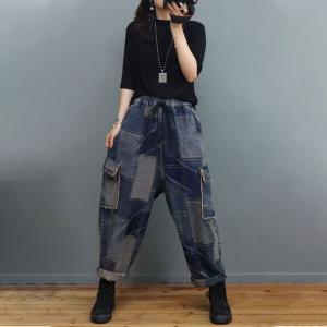 Fashion Patchwork Baggy Cargo Pants Flap Pockets Pegged Jeans
