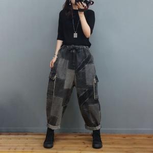 Fashion Patchwork Baggy Cargo Pants Flap Pockets Pegged Jeans