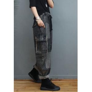 Fashion Patchwork Baggy Cargo Pants Flap Pockets Pegged Jeans