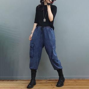 Side Flap Pockets Blue Tapered Pants Baggy Jodhpurs Jeans