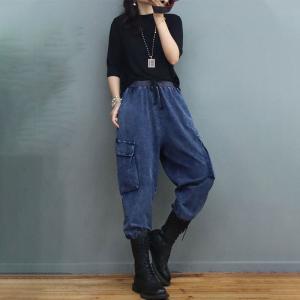 Side Flap Pockets Blue Tapered Pants Baggy Jodhpurs Jeans