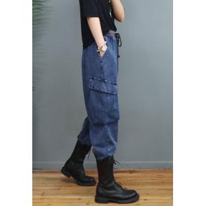 Side Flap Pockets Blue Tapered Pants Baggy Jodhpurs Jeans