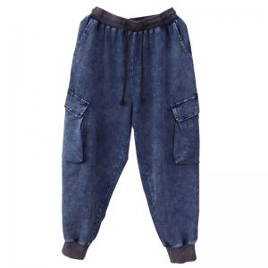 Side Flap Pockets Blue Tapered Pants Baggy Jodhpurs Jeans