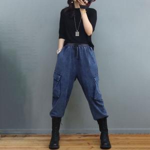 Side Flap Pockets Blue Tapered Pants Baggy Jodhpurs Jeans