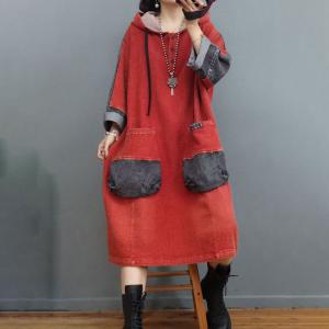 Huge Pockets Cotton Linen Dress Plus Size Hoodie Dress