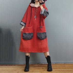 Huge Pockets Cotton Linen Dress Plus Size Hoodie Dress