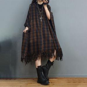 Chinese Buttons Hooded Caftan Classic Checkered Tassel Dress