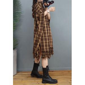 Chinese Buttons Hooded Caftan Classic Checkered Tassel Dress