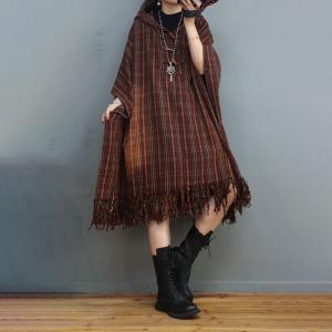 Chinese Buttons Hooded Caftan Classic Checkered Tassel Dress