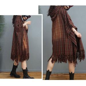 Chinese Buttons Hooded Caftan Classic Checkered Tassel Dress