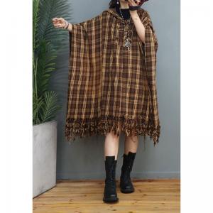 Chinese Buttons Hooded Caftan Classic Checkered Tassel Dress