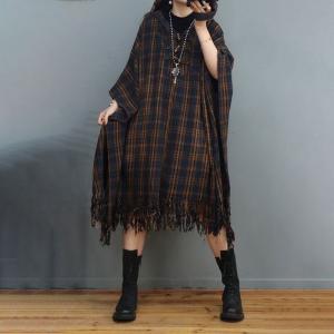 Chinese Buttons Hooded Caftan Classic Checkered Tassel Dress