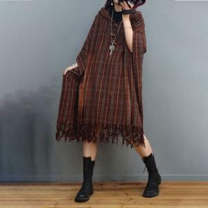 Chinese Buttons Hooded Caftan Classic Checkered Tassel Dress