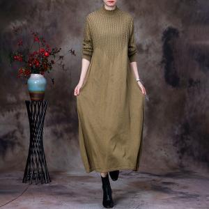 High Neck Long Sleeves Jersey Dress Plain Knitting Jumper Dress