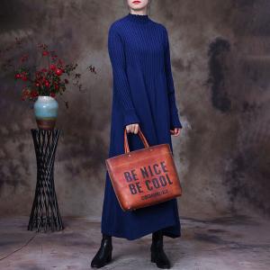 High Neck Long Sleeves Jersey Dress Plain Knitting Jumper Dress