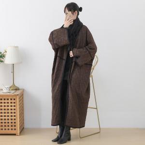 Black Striped Large Coat Winter Pleated Cardigan