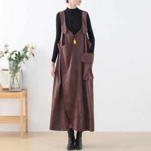 V-Neck Big Pockets Overall Dress Loose Fleeced Suspender Dress