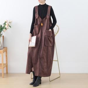 V-Neck Big Pockets Overall Dress Loose Fleeced Suspender Dress