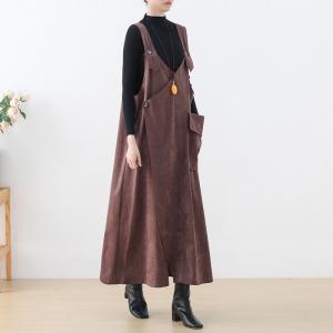 V-Neck Big Pockets Overall Dress Loose Fleeced Suspender Dress