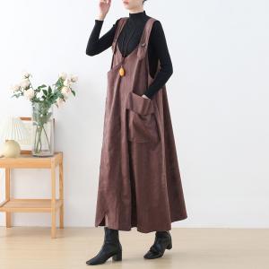 V-Neck Big Pockets Overall Dress Loose Fleeced Suspender Dress