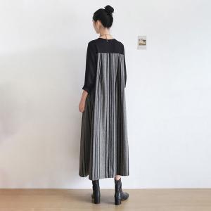 Black and Gray Pinstriped Dress Crew Neck Loose Sweater Dress